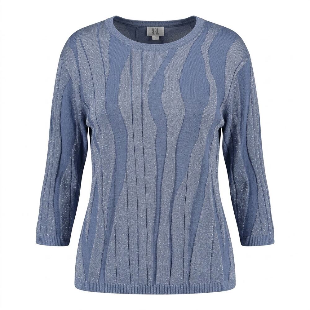 Y.A.L. New York Blue Metallic Wavy Knit 3/4 Sleeve Sweater Women Size L